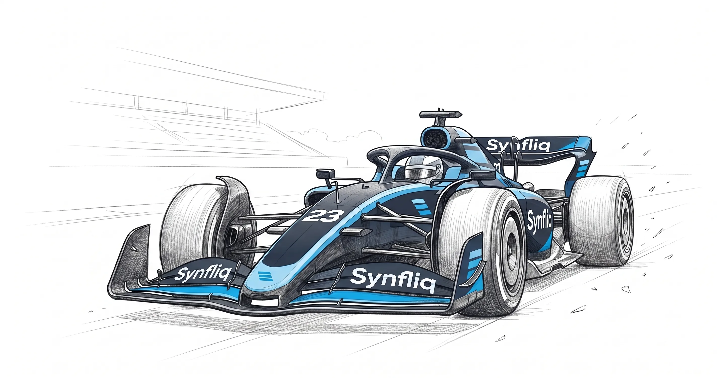 Illustration of a Synfliq-liveried Formula 1 car accelerating on track. Walter built the car and drives it.
