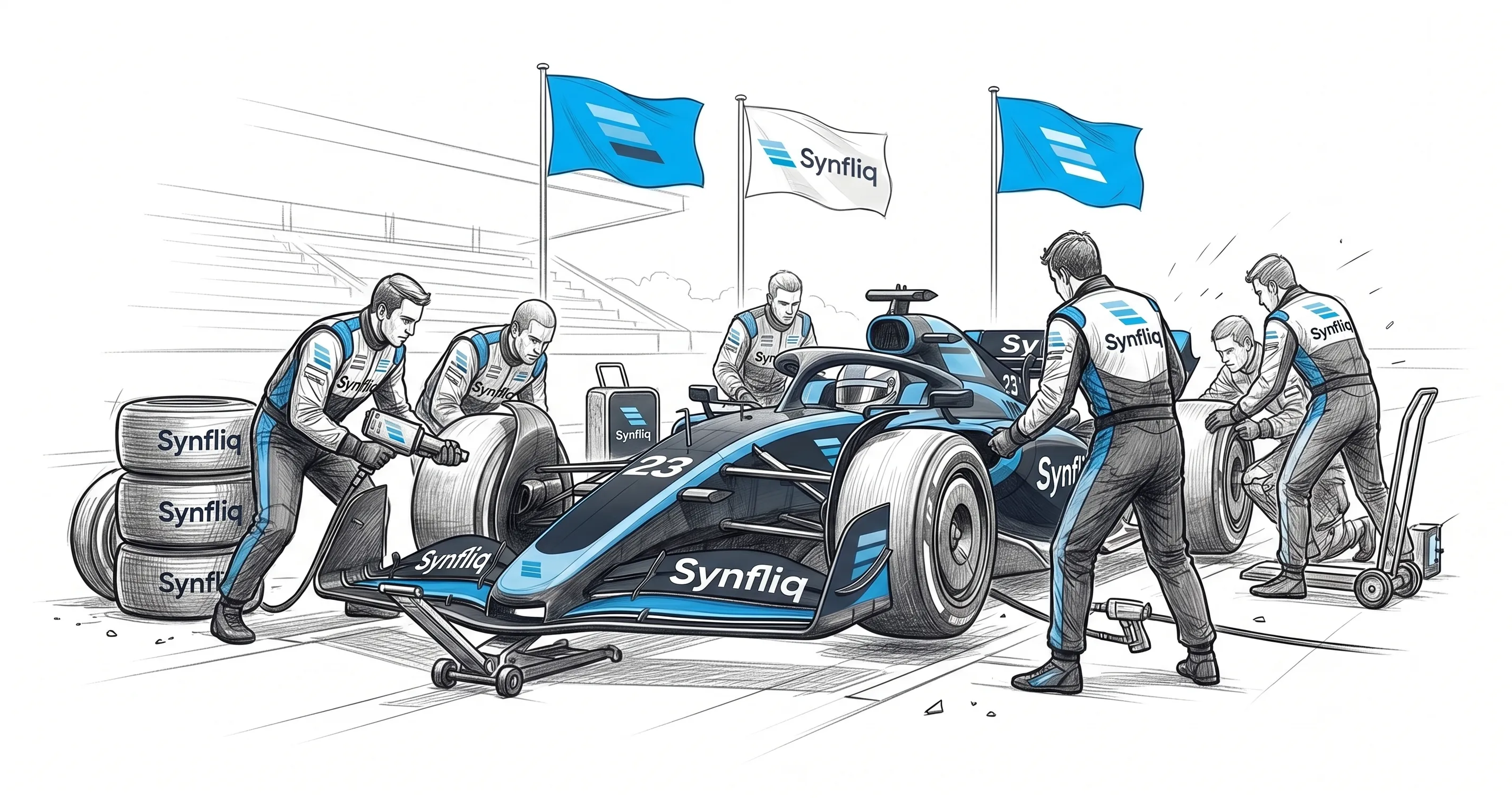 A Synfliq pit crew working the car in a coordinated stop. The focused expert team behind an engagement.