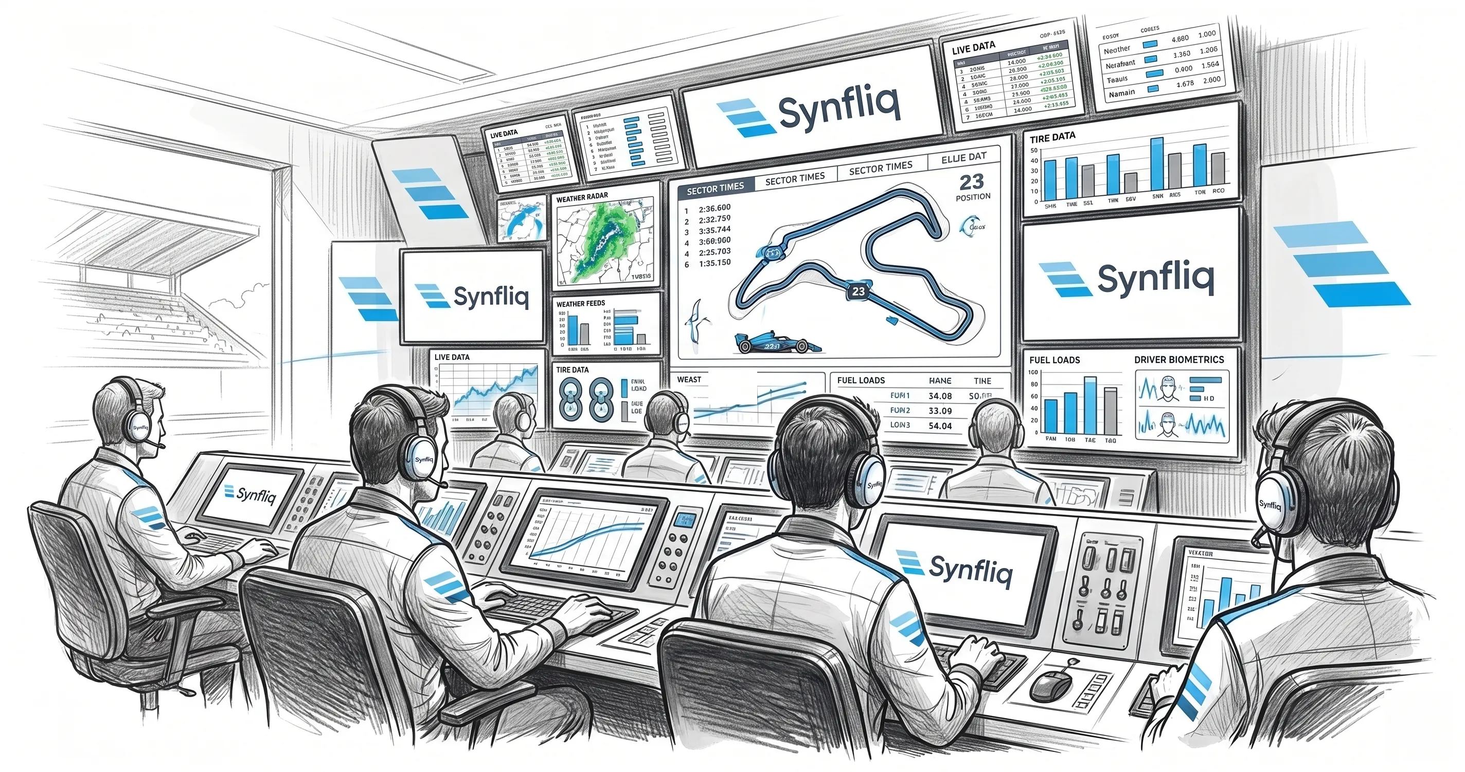 Synfliq race engineers reading telemetry in the control room. The method behind each engagement phase.